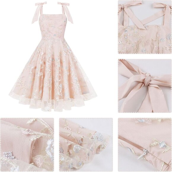 Women Vintage Floral Embroidered Tulle Prom Dress Pink X-Large Elegant Party - Picture 3 of 6